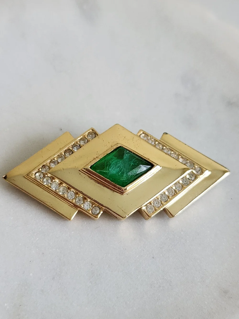 Christian Dior Gold Tone Geometric Brooch with Emerald Green Center and Crystals